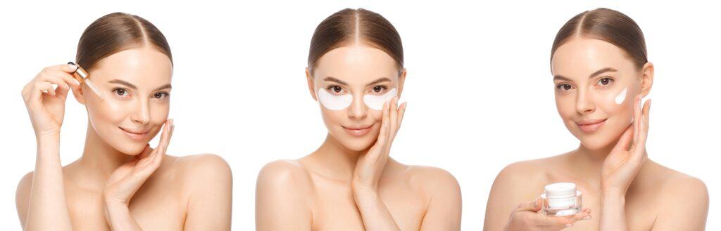 Sammlung von Schönheitsroutinen für Frauen. Gesichtspflege mit Gesichtscreme, Serum und Augenklappe isoliert auf weißem Hintergrund