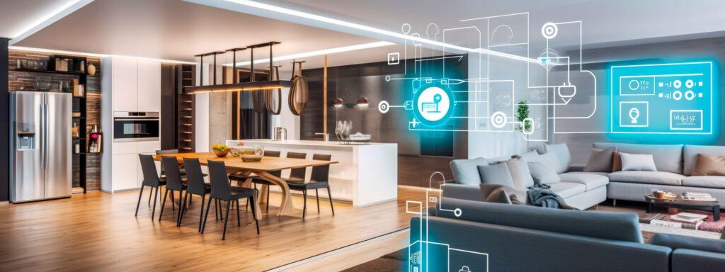 Innenansicht eines modernen Smart Homes mit vernetzten Geräten in der Küche und im Wohnzimmer, symbolisiert die Integration von Smart Home-Technologien für effiziente Energienutzung.