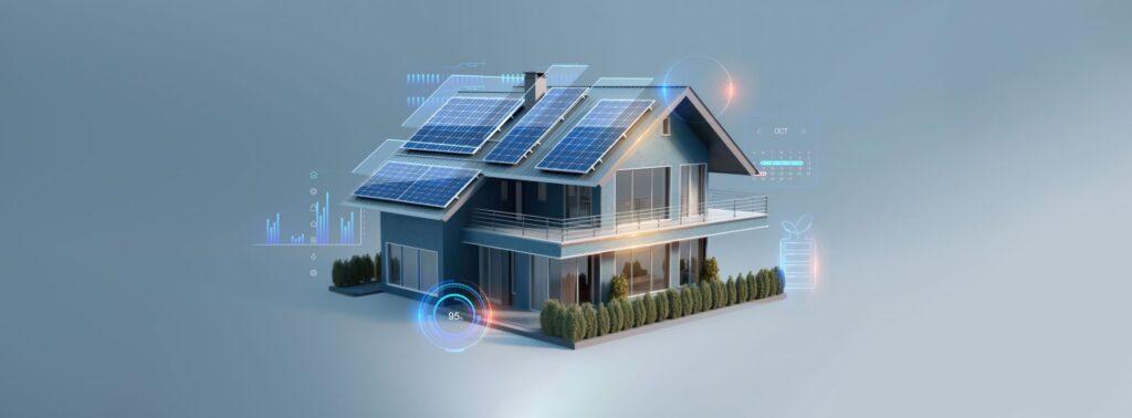 Abbildung eines modernen Smart Homes mit Solaranlagen auf dem Dach, symbolisiert die effiziente Energienutzung und nachhaltige Technologie, wie sie in Photovoltaik Mannheim Projekten umgesetzt wird.