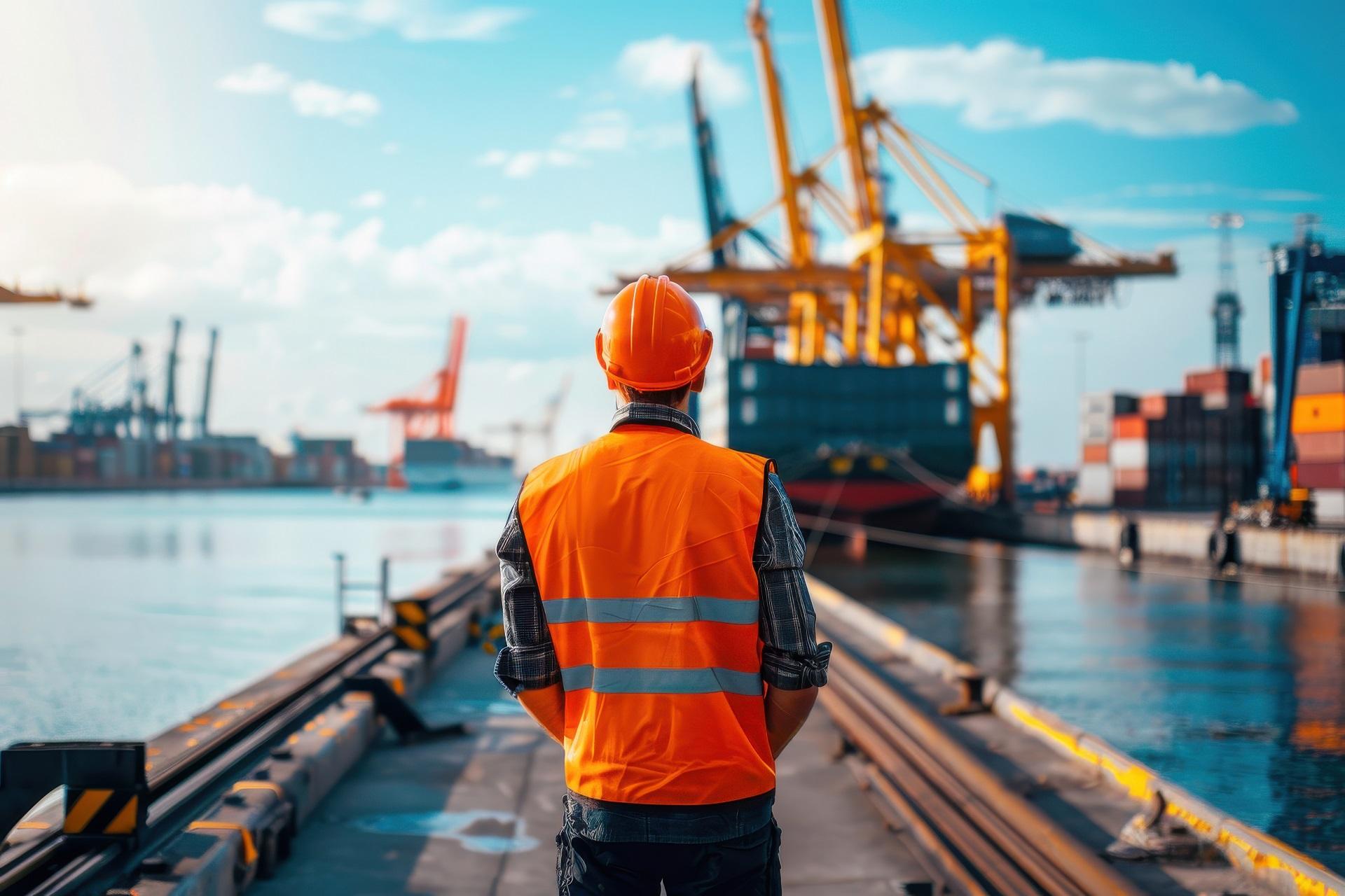 Hafenarbeiter vor Krananlagen | Digitalisierung Hafen